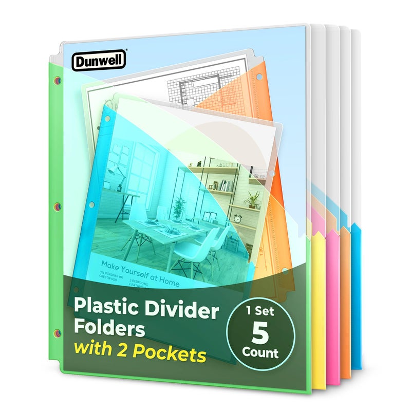 Dunwell 3 Ring Binder Pocket (1 Set, 5 Count) No Tab, Plastic Slash File Jackets for 8.5x11 Paper, Multicolor Notebook Divider with Pockets, 3 Hole Punched Project Folder, Acid-Free - Image 1